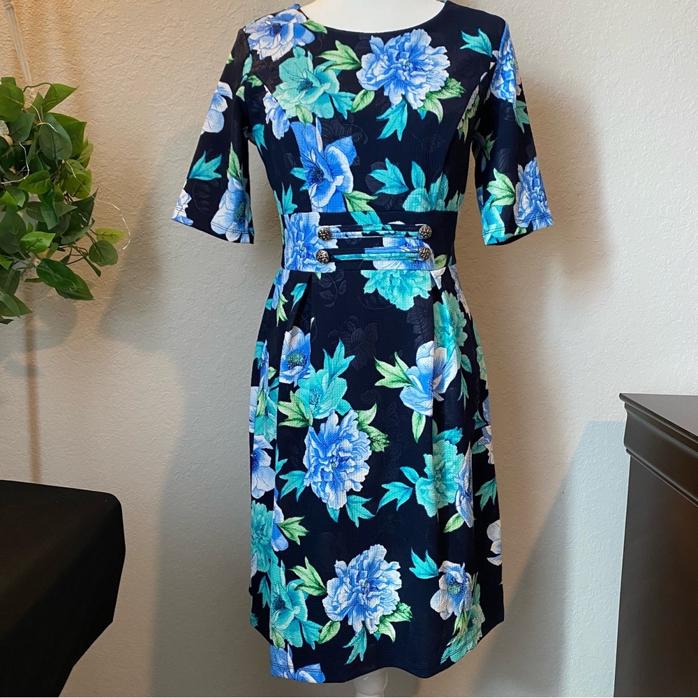 Enfocus Studio Navy Floral Midi Dress 3/4 sleeve new w/o tags